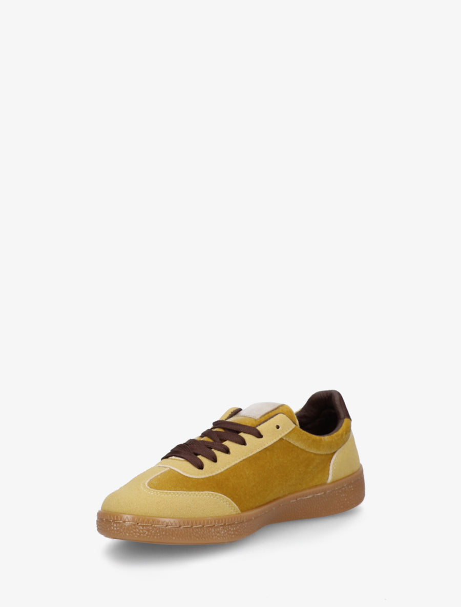 Sneakers à empiècement velours et semelle texturée - Jaune moutarde - 3