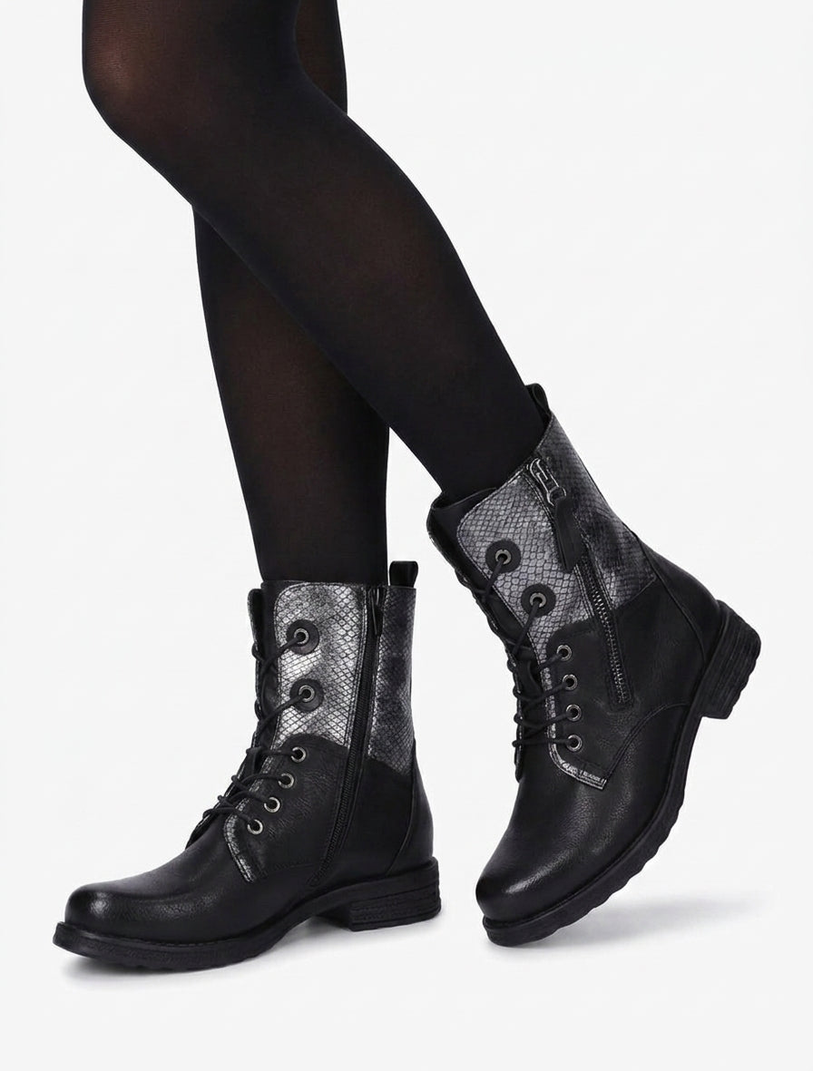 Botines con cordones al tobillo efecto pitón irisado - Negro