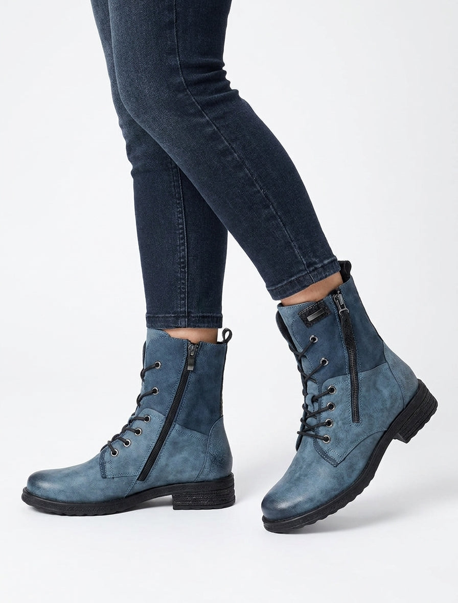 Botines con cordones, cremallera y panel de pitón. - Azul