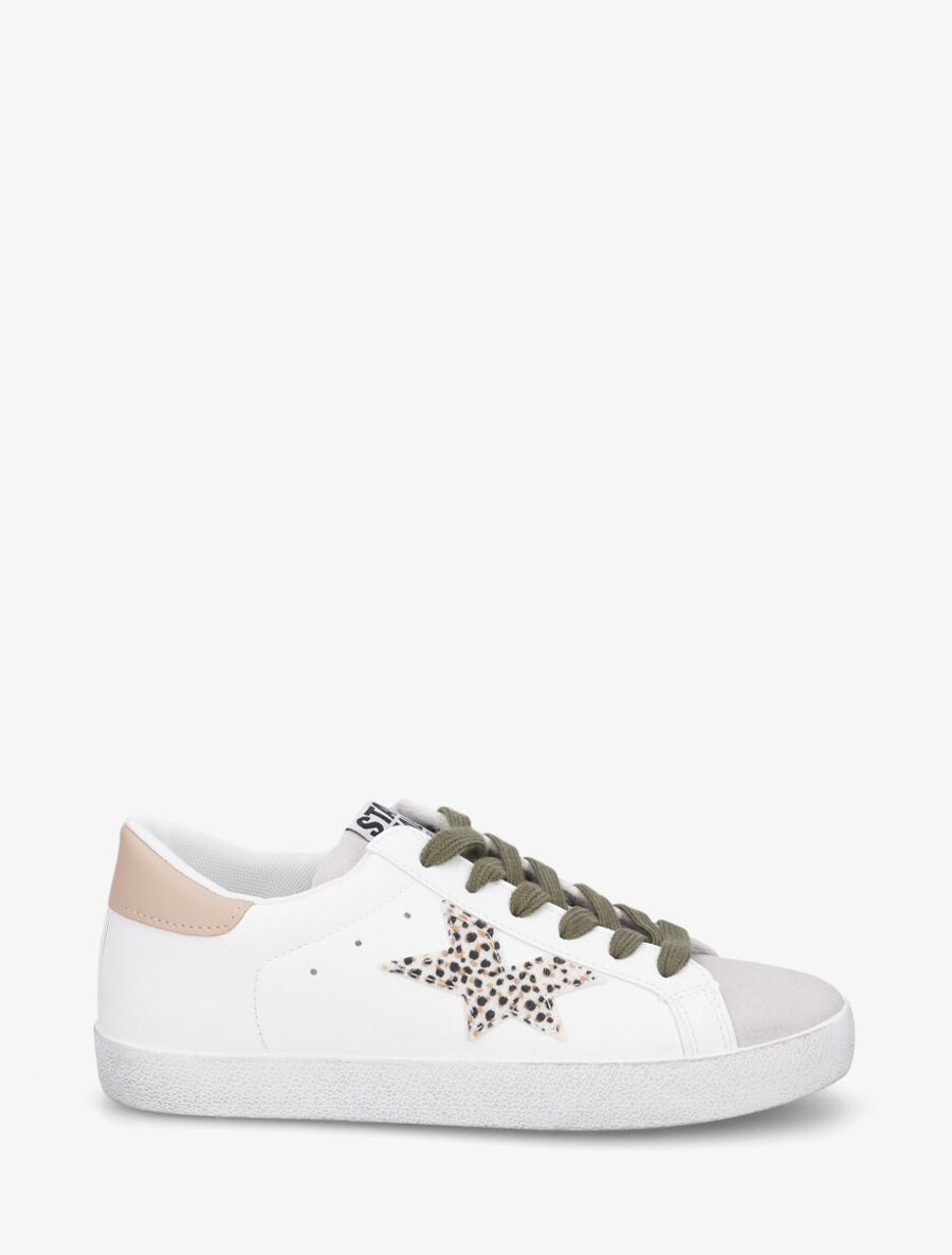 Baskets bi-matière motif étoile fantaisie - Blanc/kaki - 1