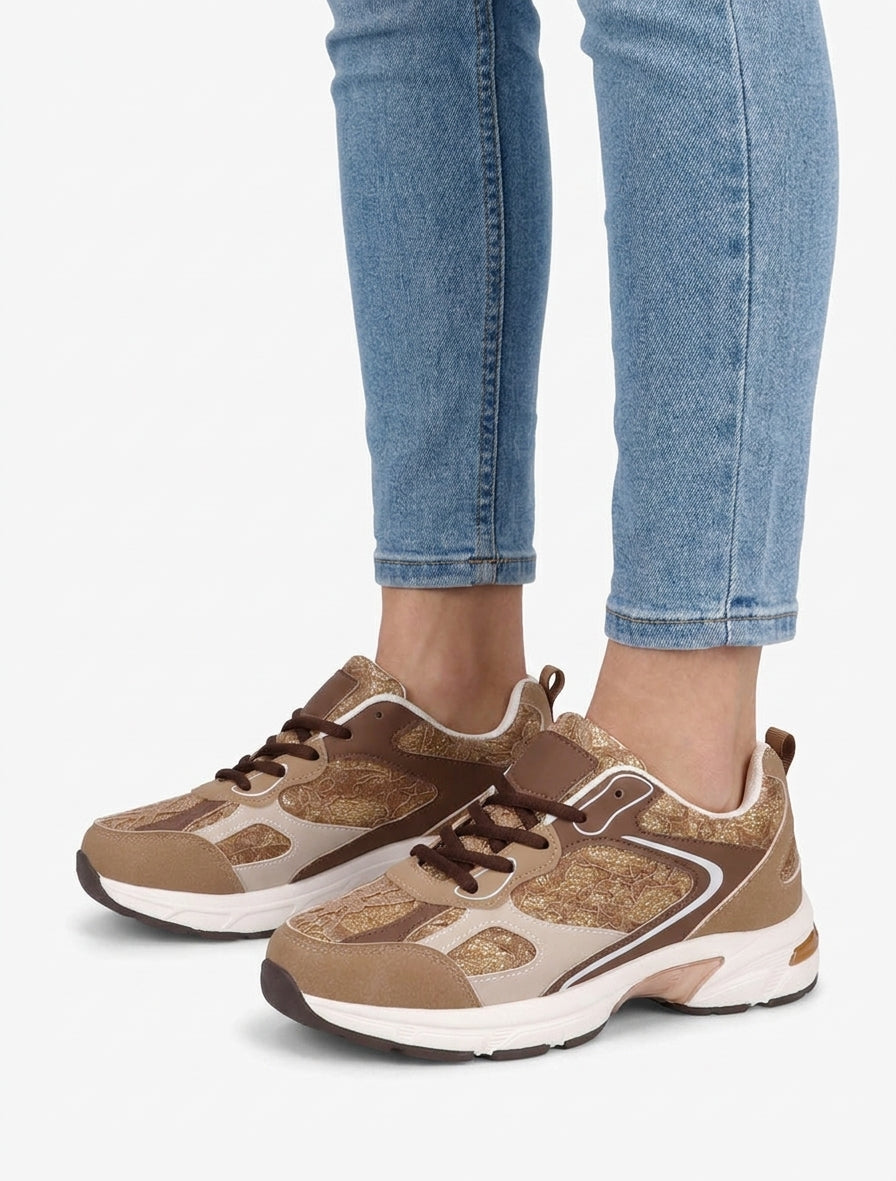Zapatillas de imitación con encaje. - Topo