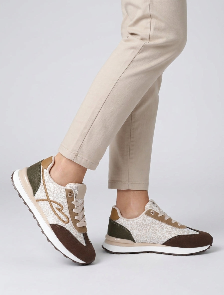 Zapatillas efecto nobuk y encaje con purpurina - Beige/marrón