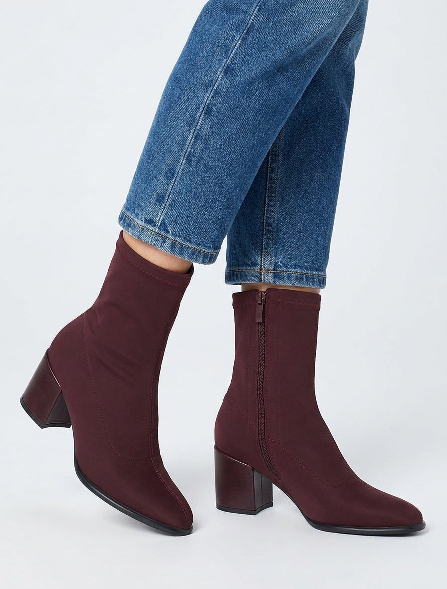 Botines lisas estilo calcetín con cremallera - Burdeos