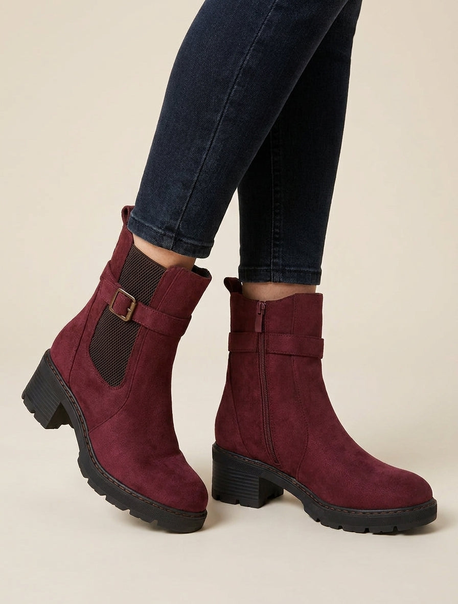 Botines de ante con tobillo elástico - Color vino
