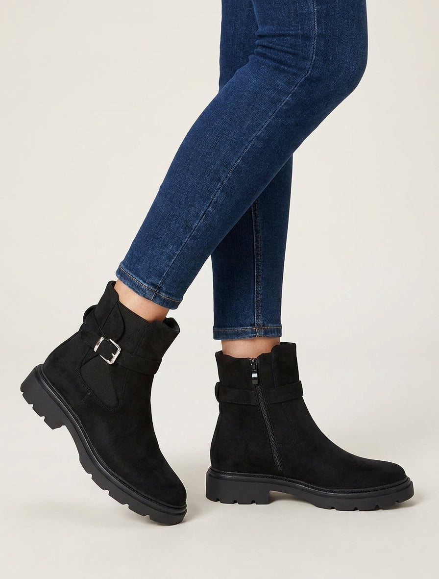 Botines elásticas de ante con hebilla - Negro