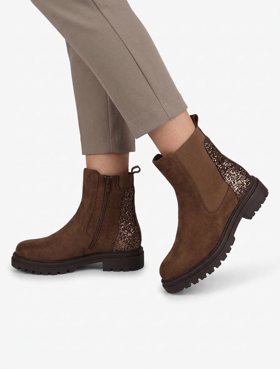 Botines de ante con contrafuerte de lentejuelas - Marrón
