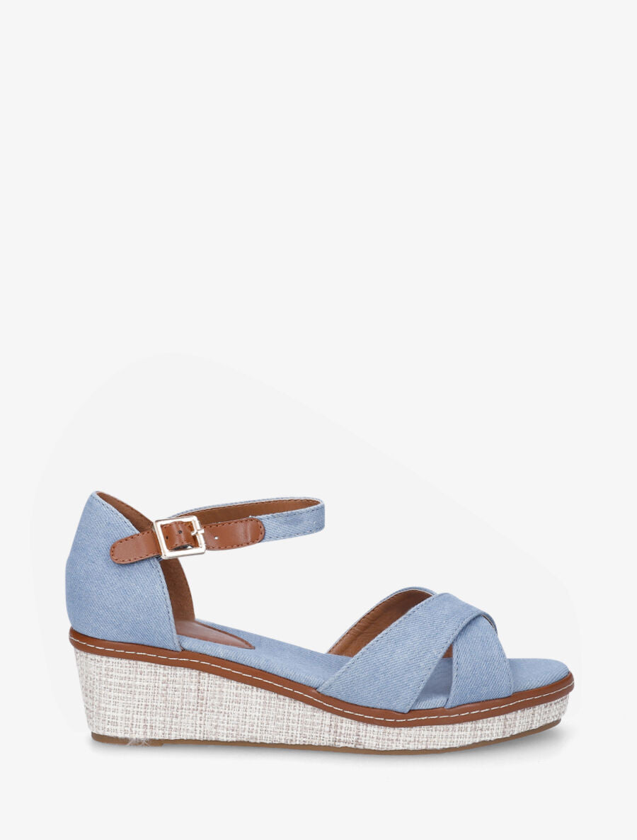 Sandales compensées bride croisées en tissu - Bleu denim - 6