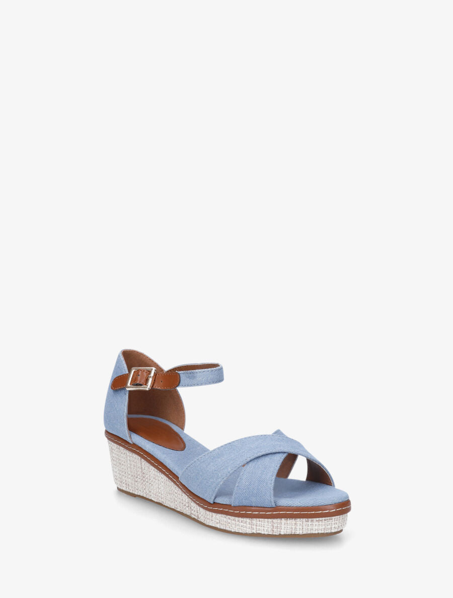 Sandales compensées bride croisées en tissu - Bleu denim - 3