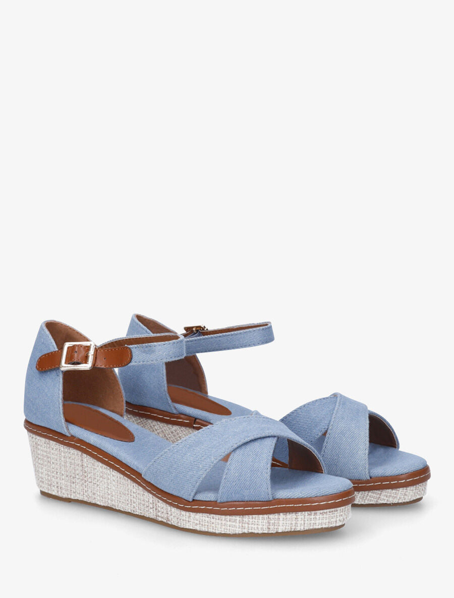 Sandales compensées bride croisées en tissu - Bleu denim - 5