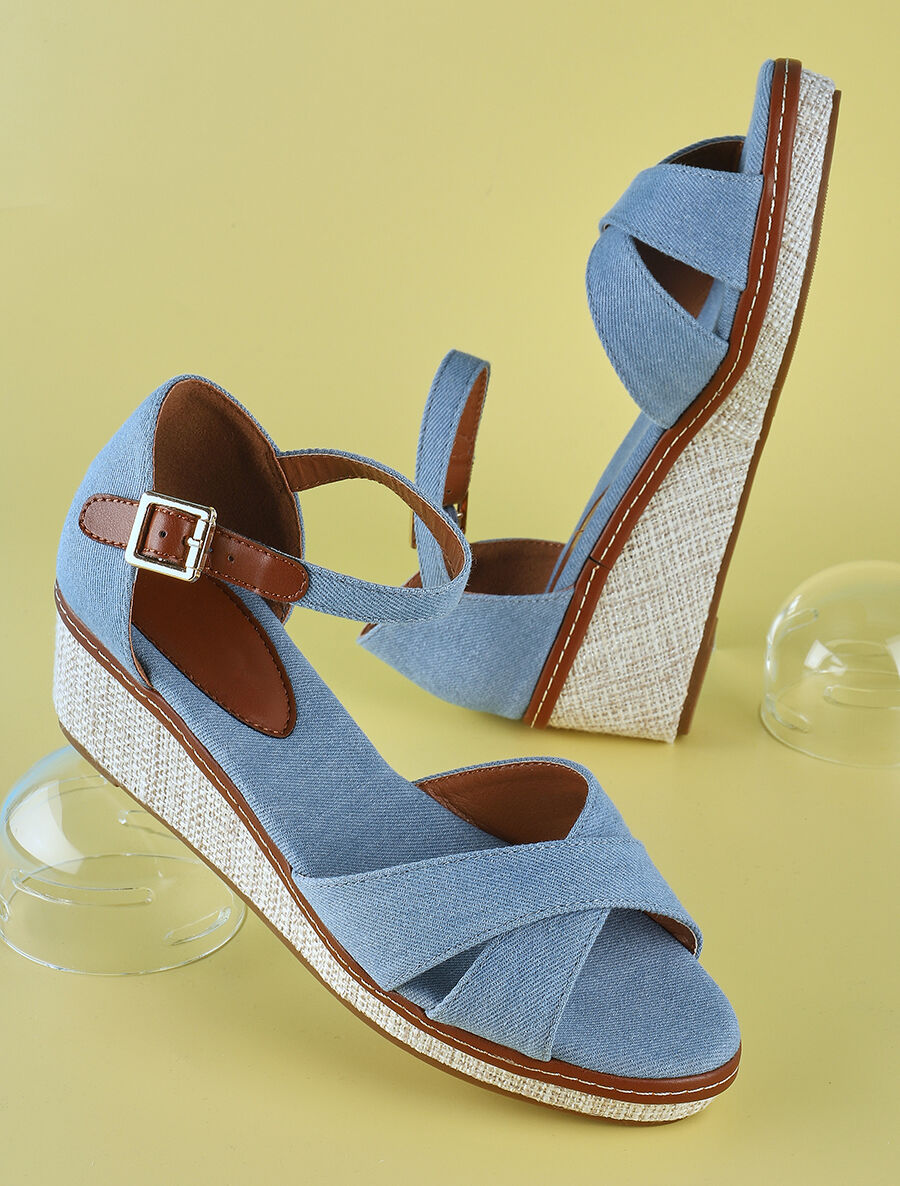 Sandales compensées bride croisées en tissu - Bleu denim - 1