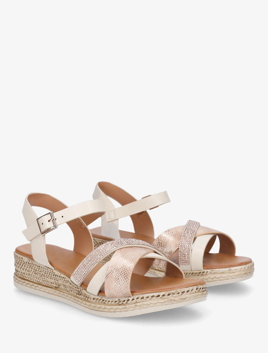 Sandales compensées à bride à strass - Beige - 5