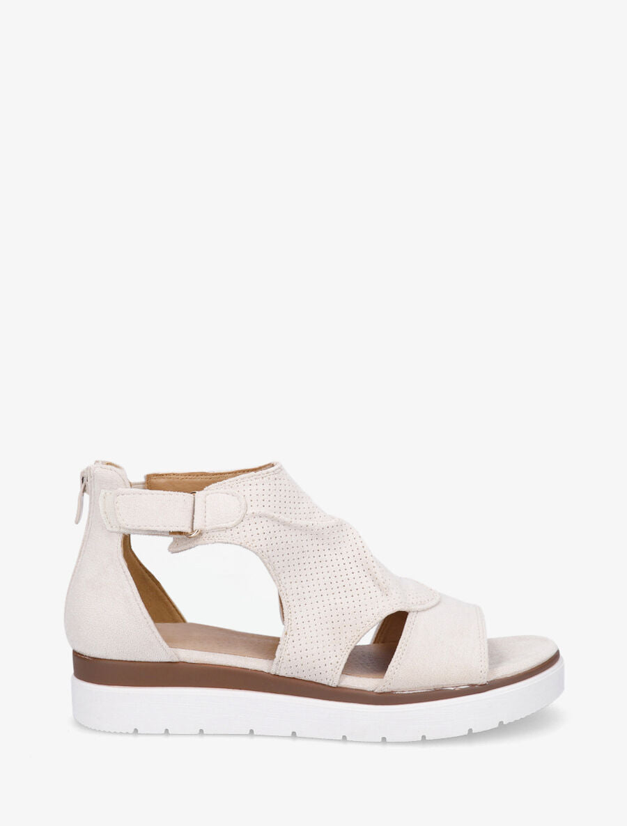 Sandales plates en suédine perforé - Beige - 1