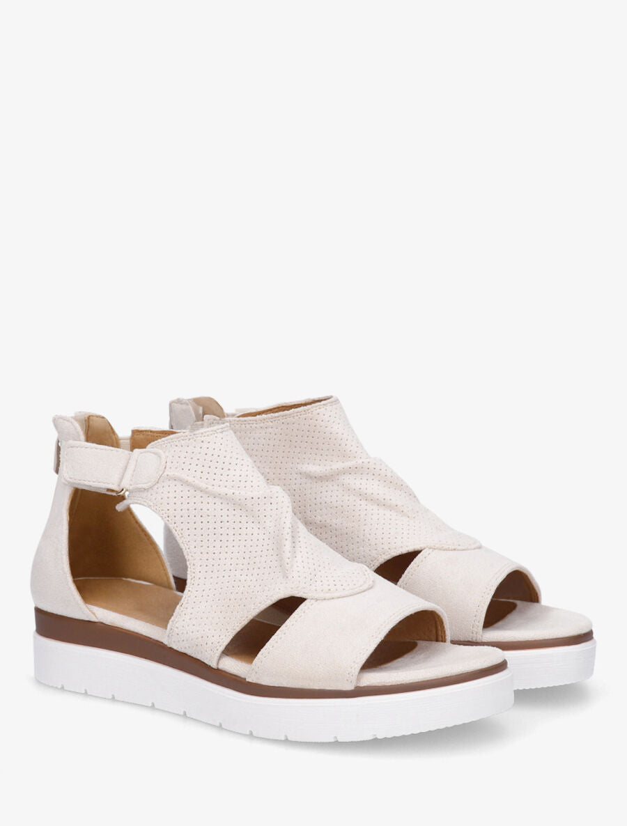 Sandales plates en suédine perforé - Beige - 4
