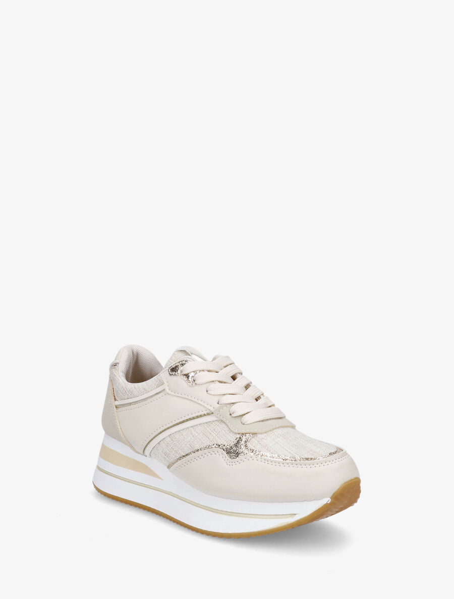 Sneakers compensées à empiècement en tissu - Beige - 2