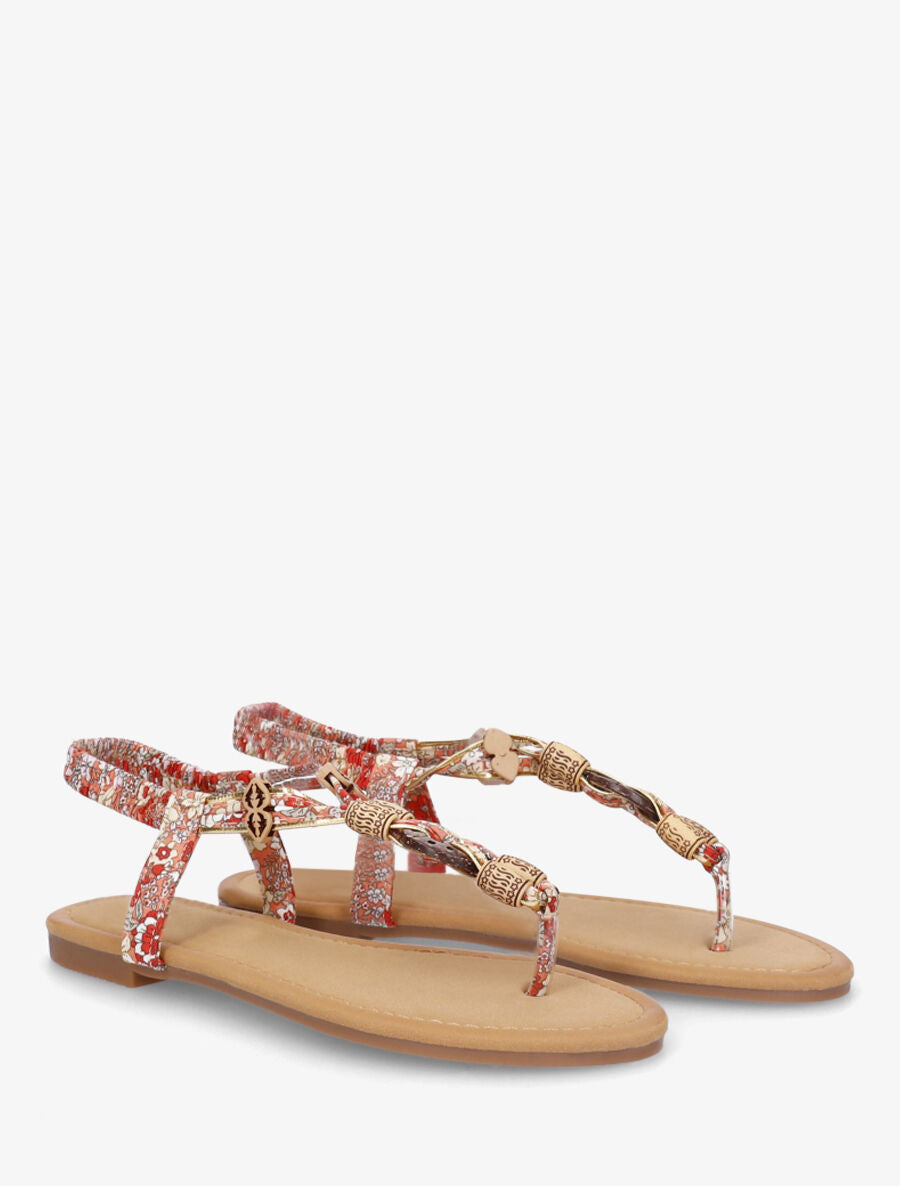 Nu-pieds imprimé fleuri et perles en bois - Rouge - 4