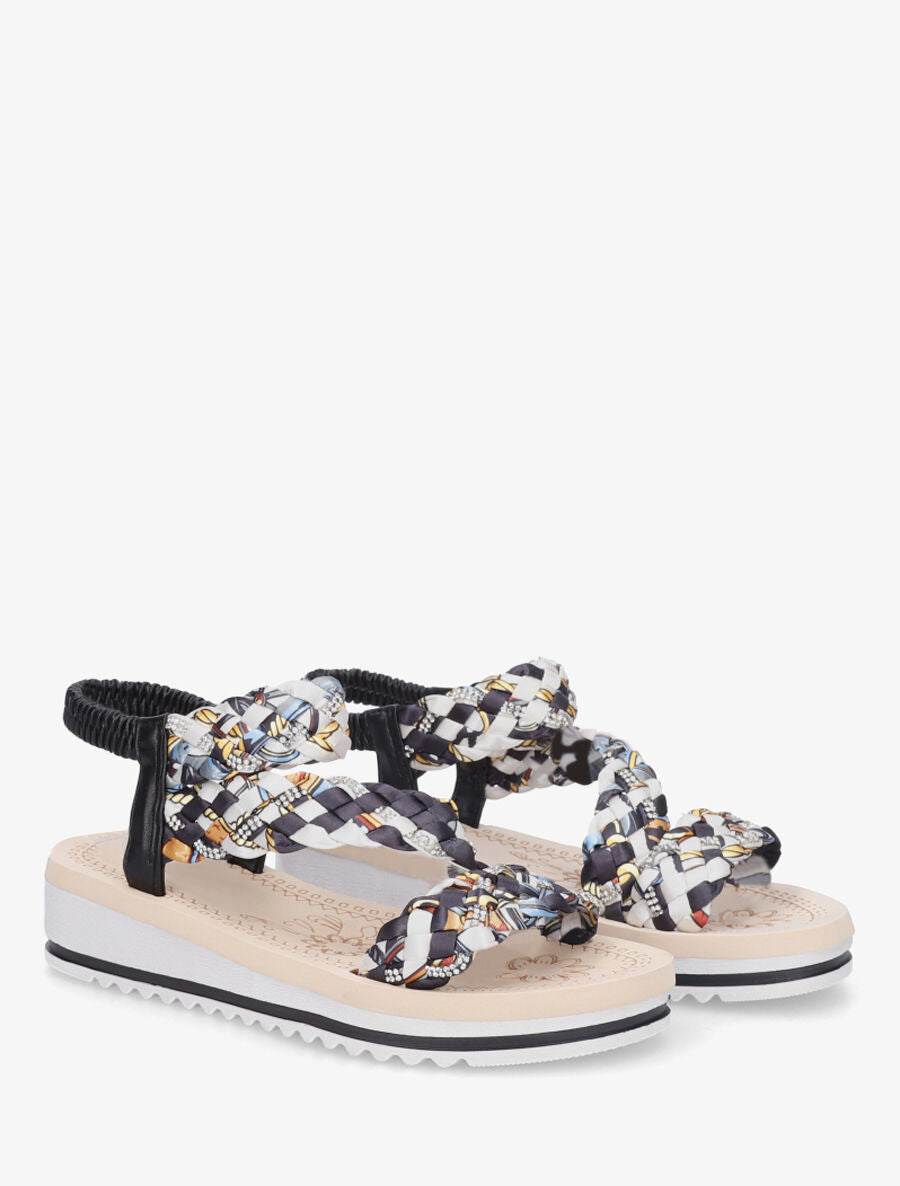 Nu-pieds à brides foulard tressé et strass - Noir - 4