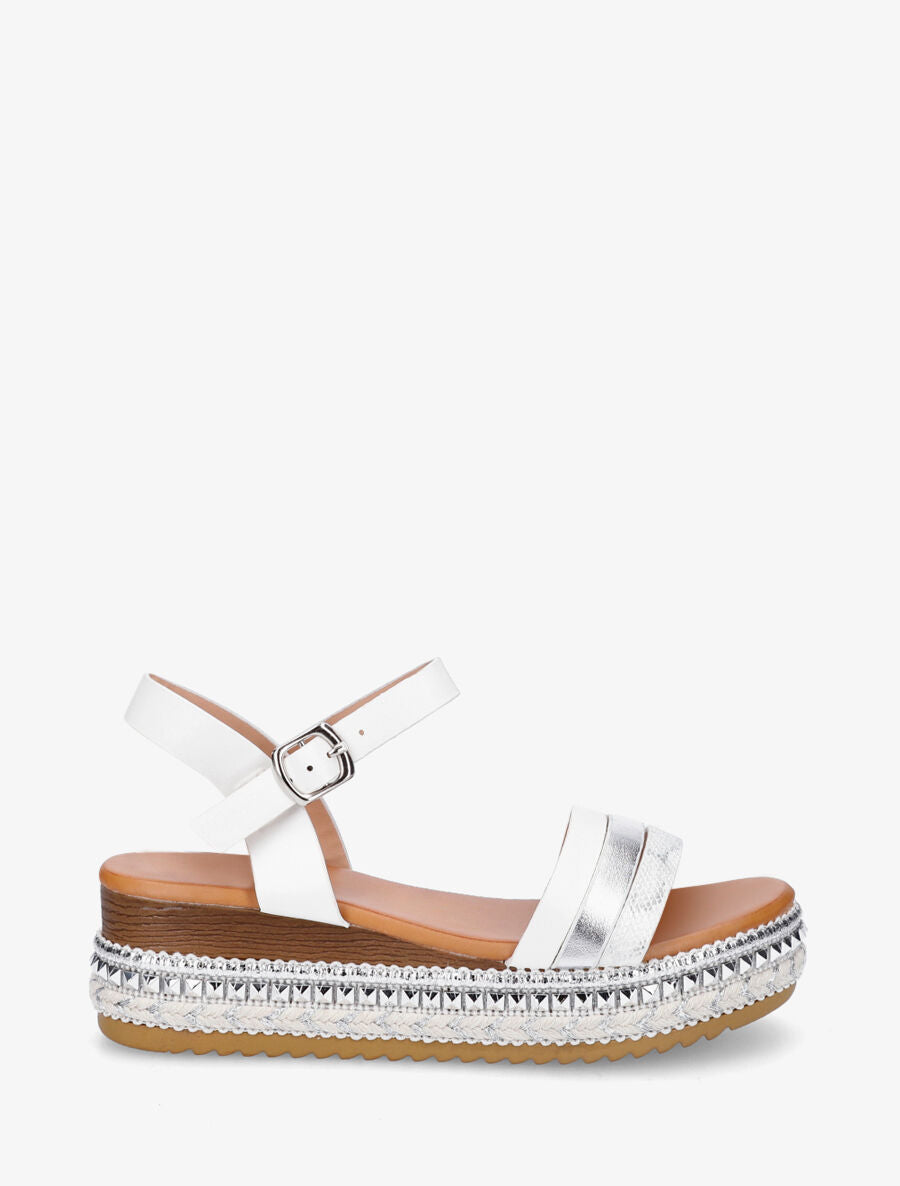 Sandales compensées à semelle effet bois et métal - Blanc - 1