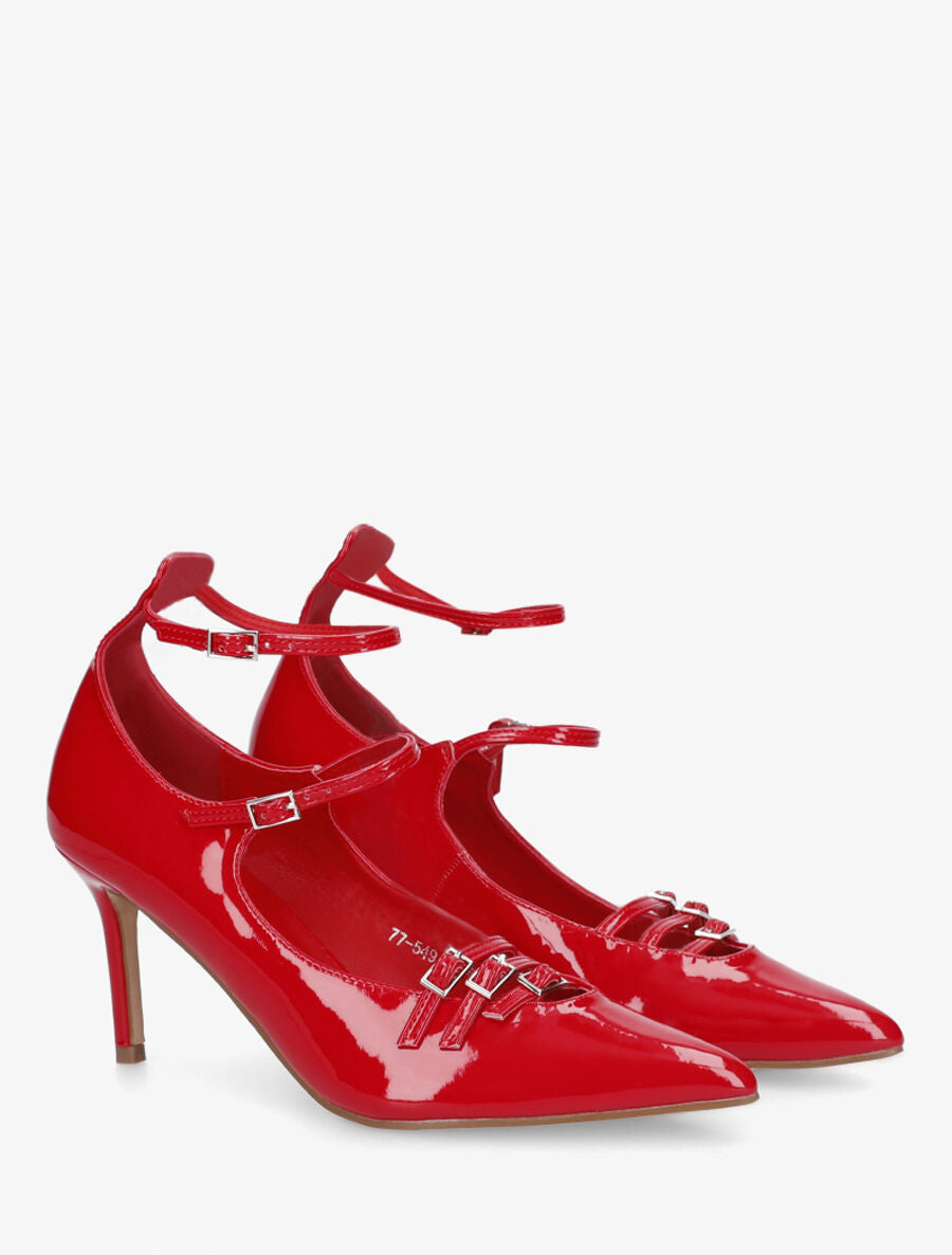 Escarpins vernis à brides à boucle - Rouge - 4