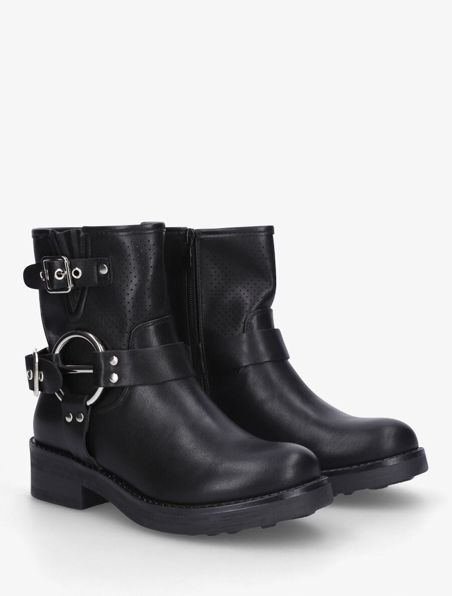 Bottines en simili à quartier ajouré et boucles - Noir - 4