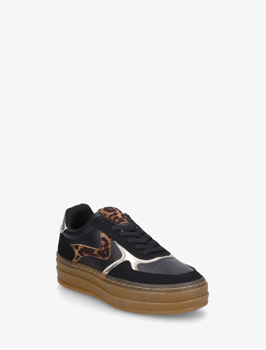 Sneakers à imprimé léopard et semelle épaisse - Noir - 2
