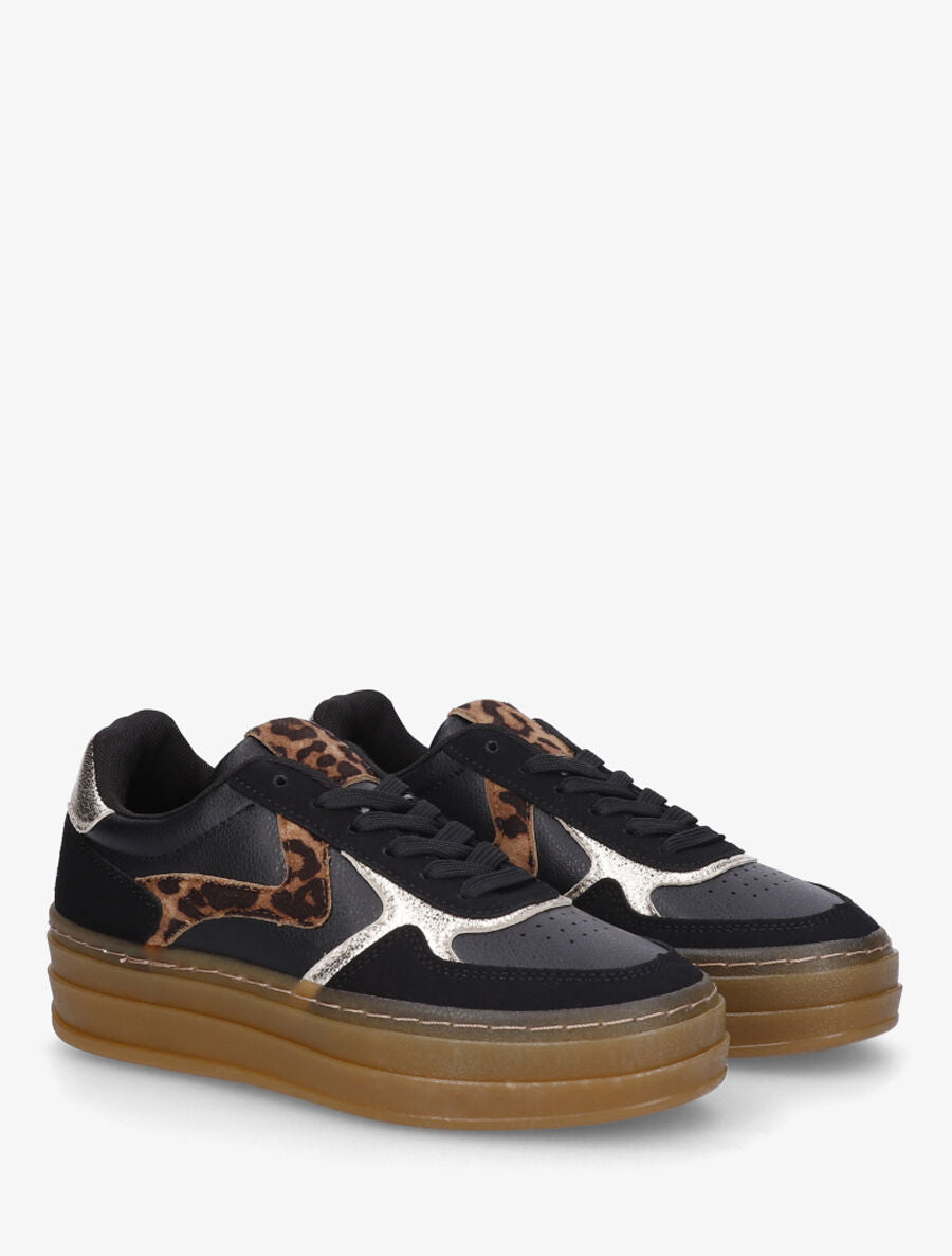 Sneakers à imprimé léopard et semelle épaisse - Noir - 4