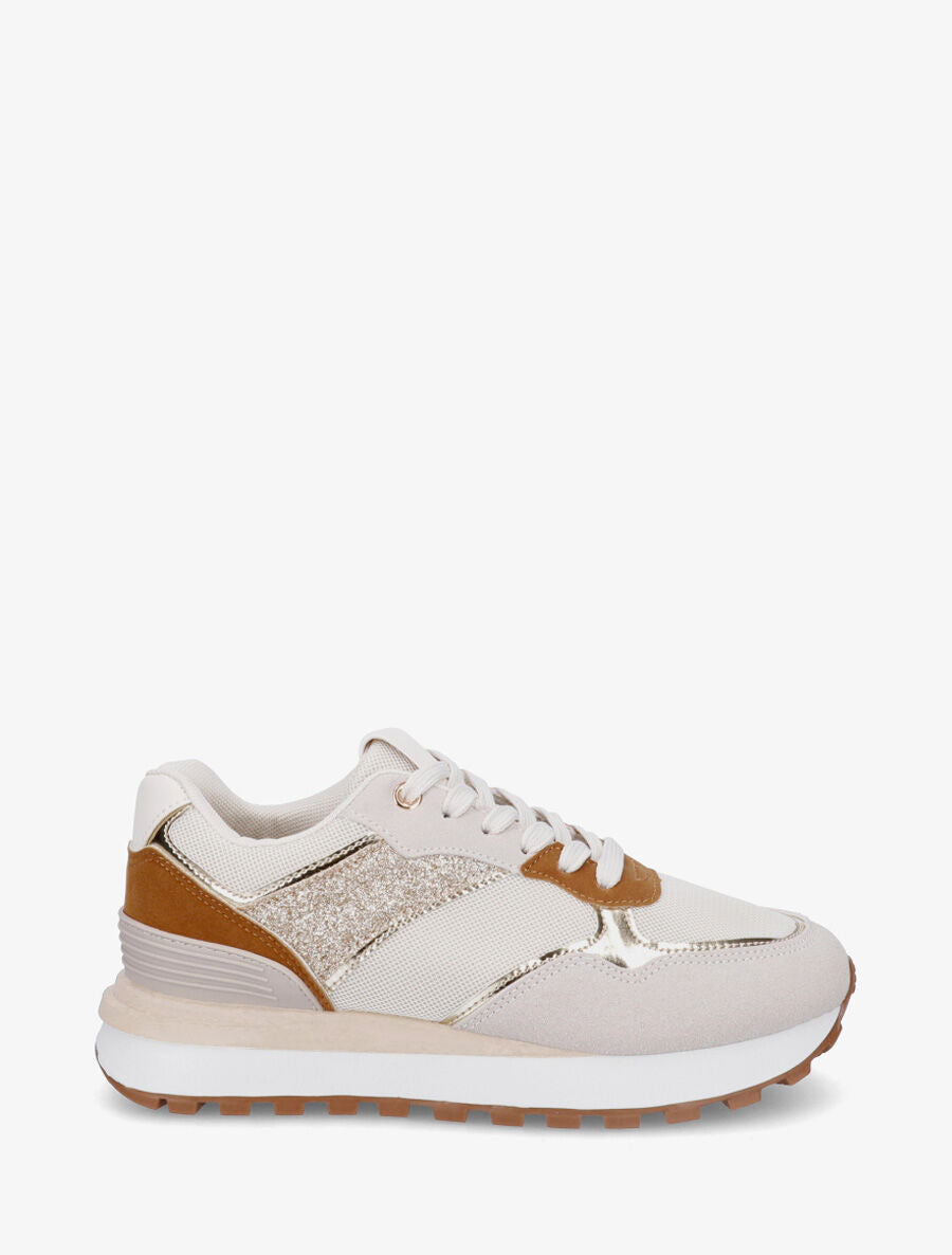 Sneakers à blocs colorés et détail pailleté - Camel - 1