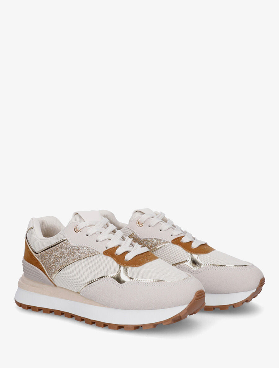 Sneakers à blocs colorés et détail pailleté - Camel - 4