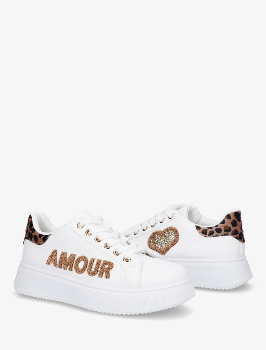 Sneakers en simili à flocage amour et coeur pailleté - Camel - 4