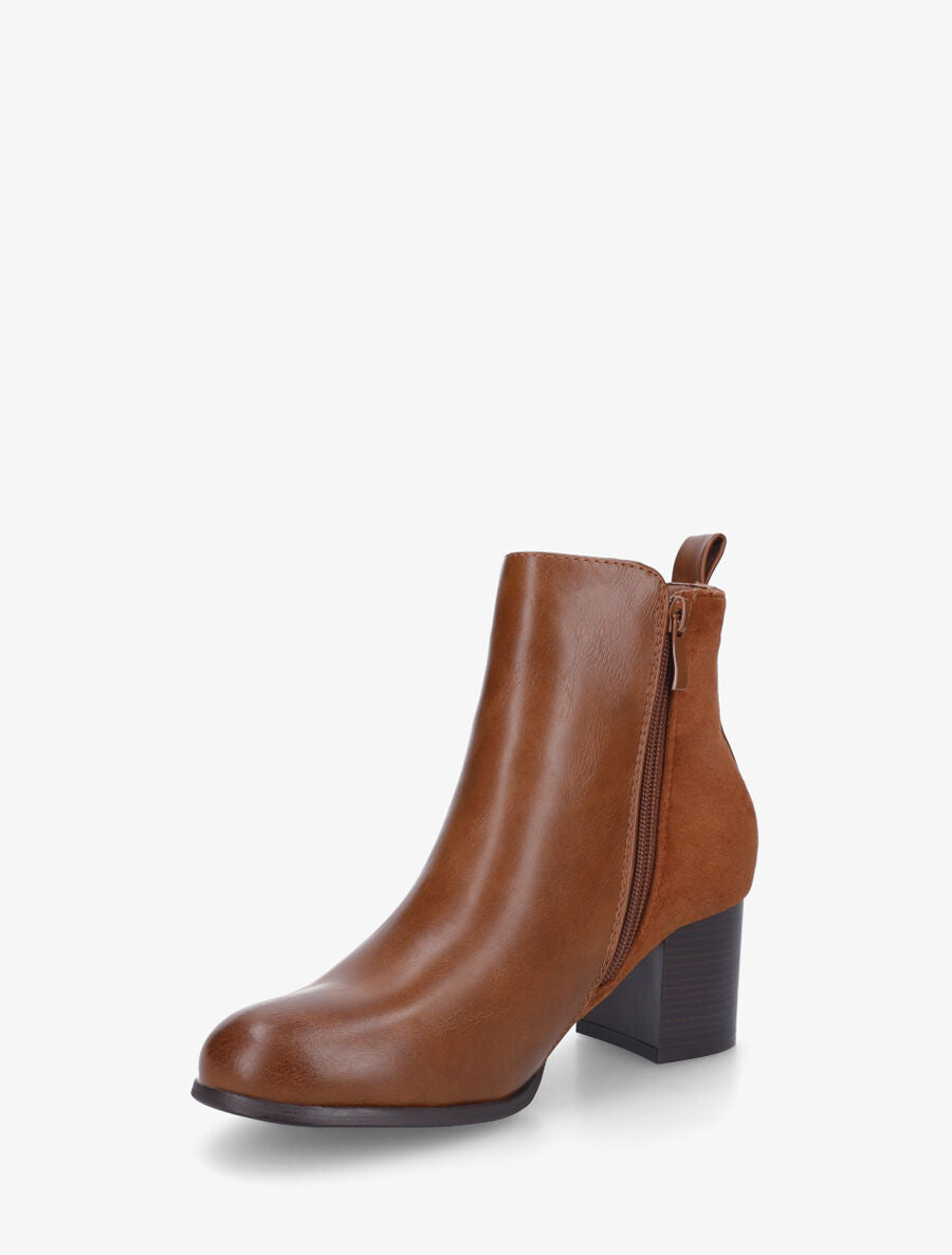 Bottines en simili et suédine à zip décoratif - Camel - 3