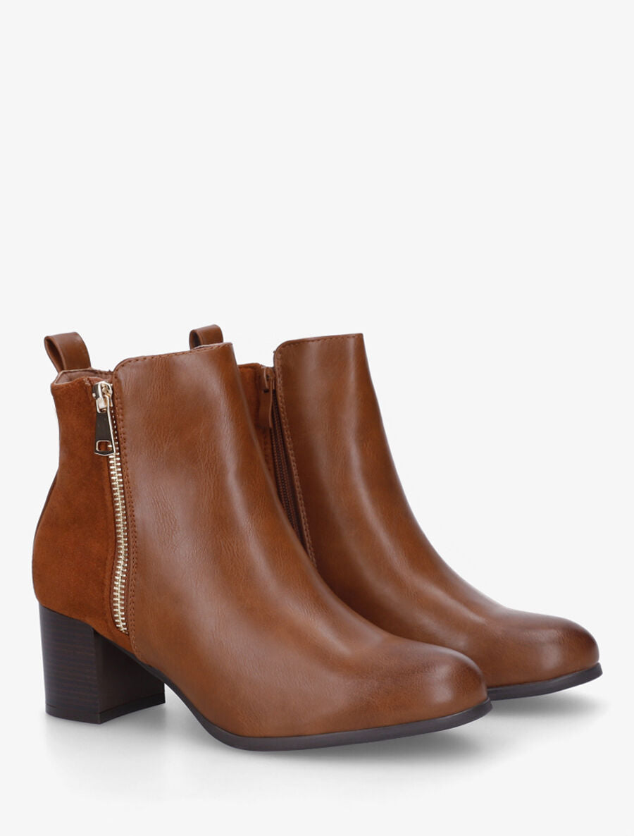 Bottines en simili et suédine à zip décoratif - Camel - 4
