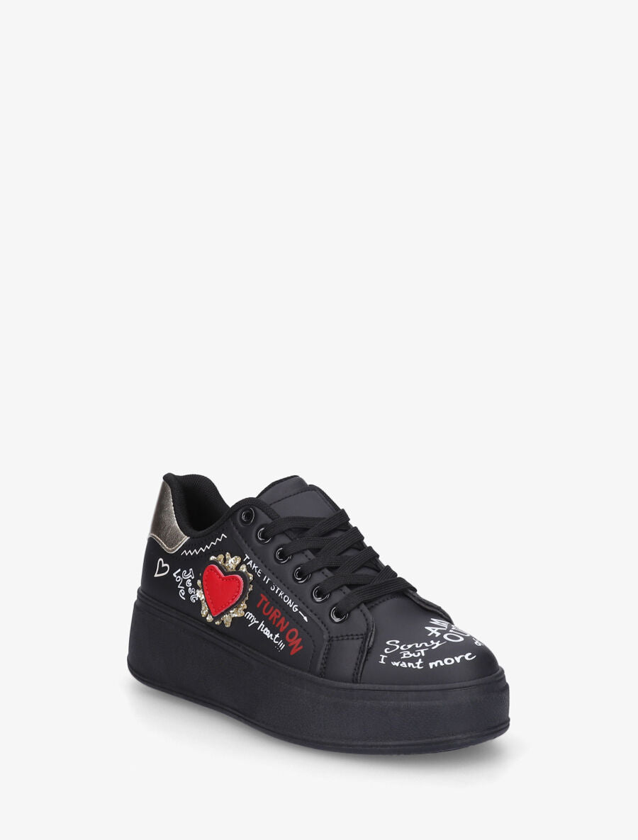 Sneakers à plateforme avec flocage et empiècement coeur - Noir - 2
