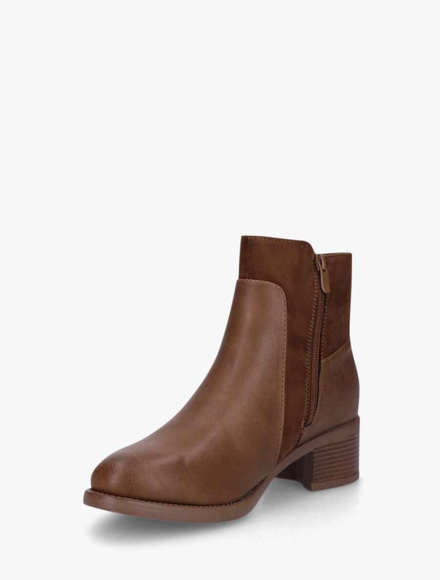 Bottines en simili et suédine à contrefort croco - Camel - 3