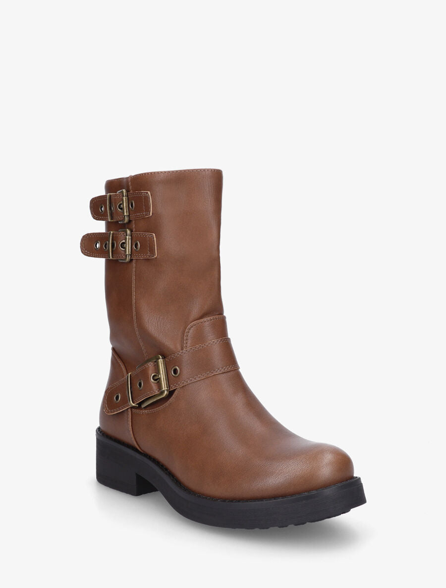 Bottines en simili à triple sangles - Camel - 2