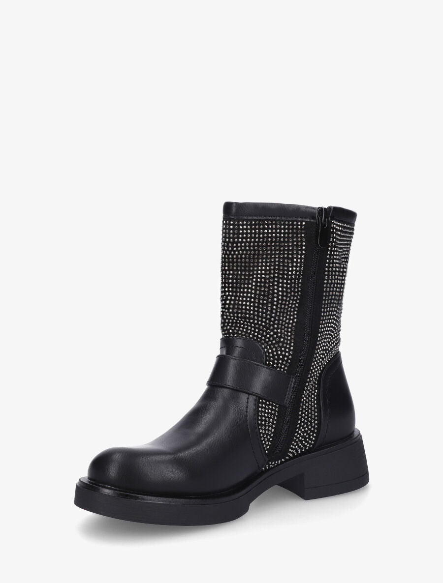 Bottines en simili strassées et sanglées - Noir - 3