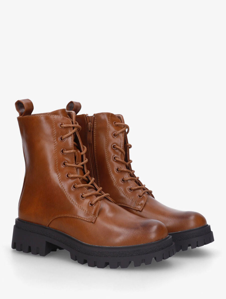 Bottines montantes en simili à lacets - Camel - 4