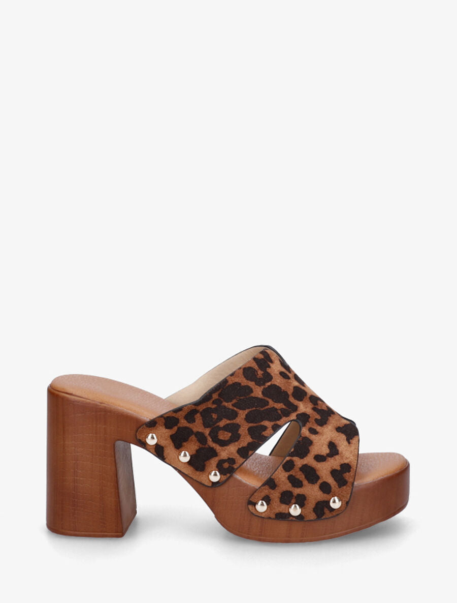 Mules à talon effet bois et ganse imprimé léopard - Camel - 5