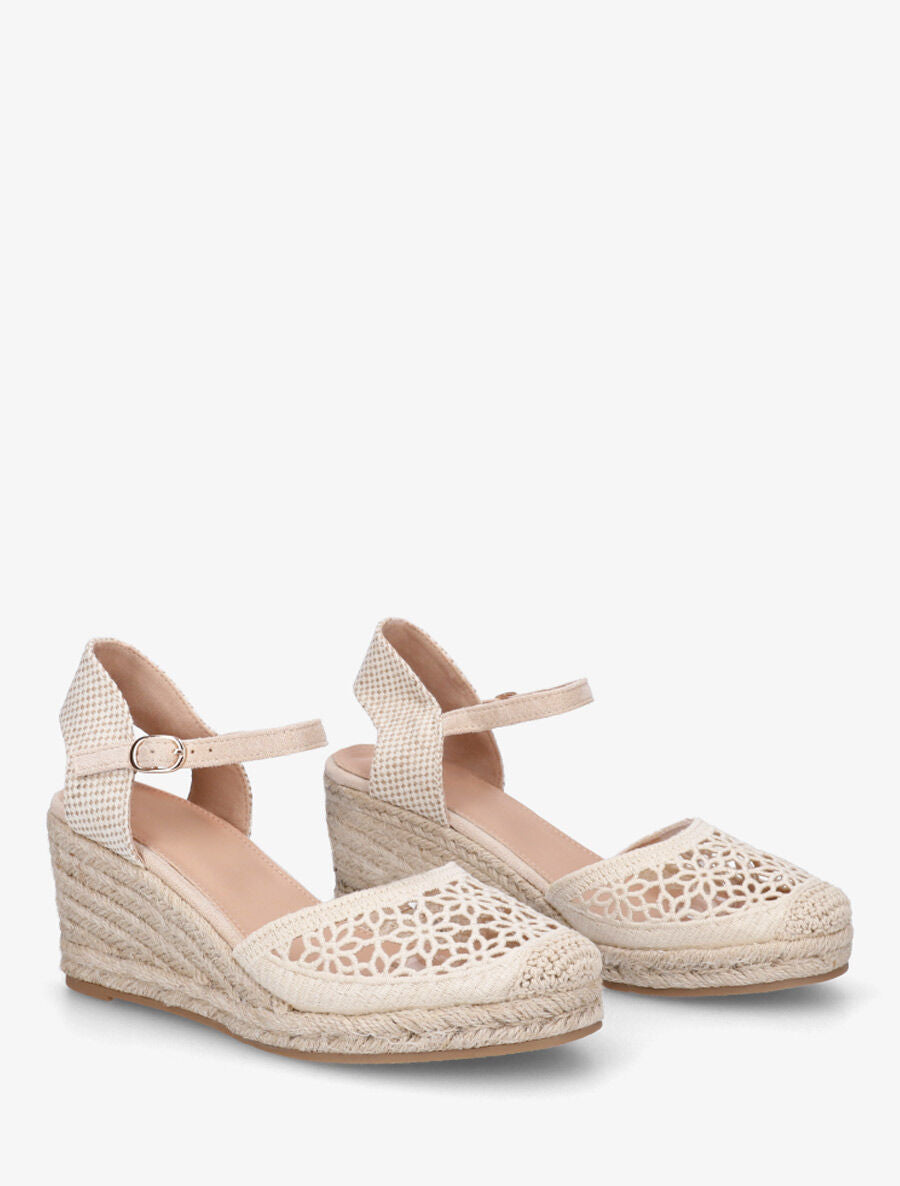 Sandales compensées ajourées à contrefort imprimé damier - Beige - 4