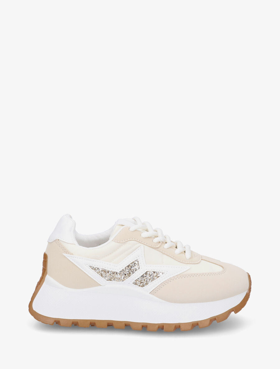 Sneakers à plateforme et détail pailleté - Beige - 1