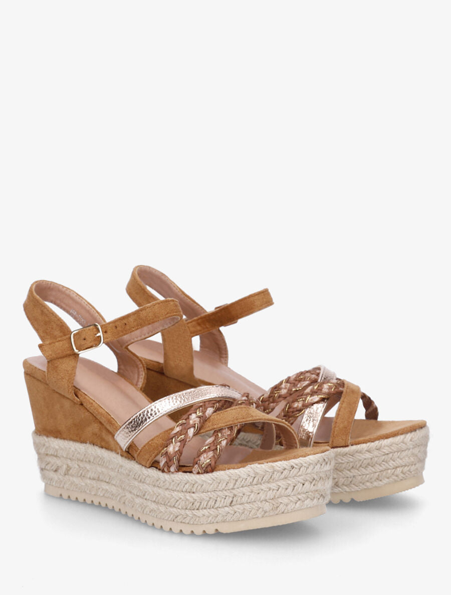 Sandales compensées en suédine et raphia - Camel - 4