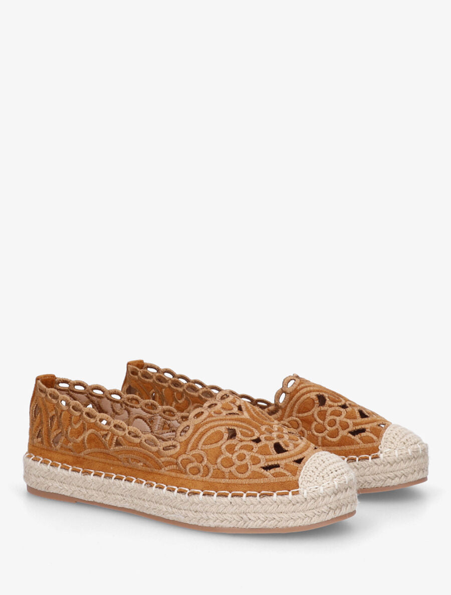 Espadrilles plates en suédine motif floraux - Camel - 4