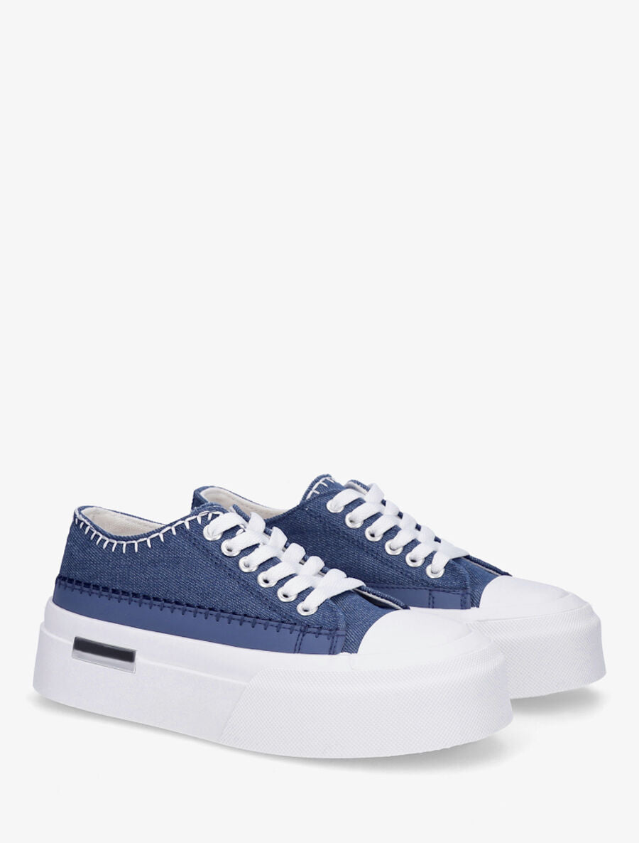 Sneakers effet denim à empiècement métal - Bleu - 4
