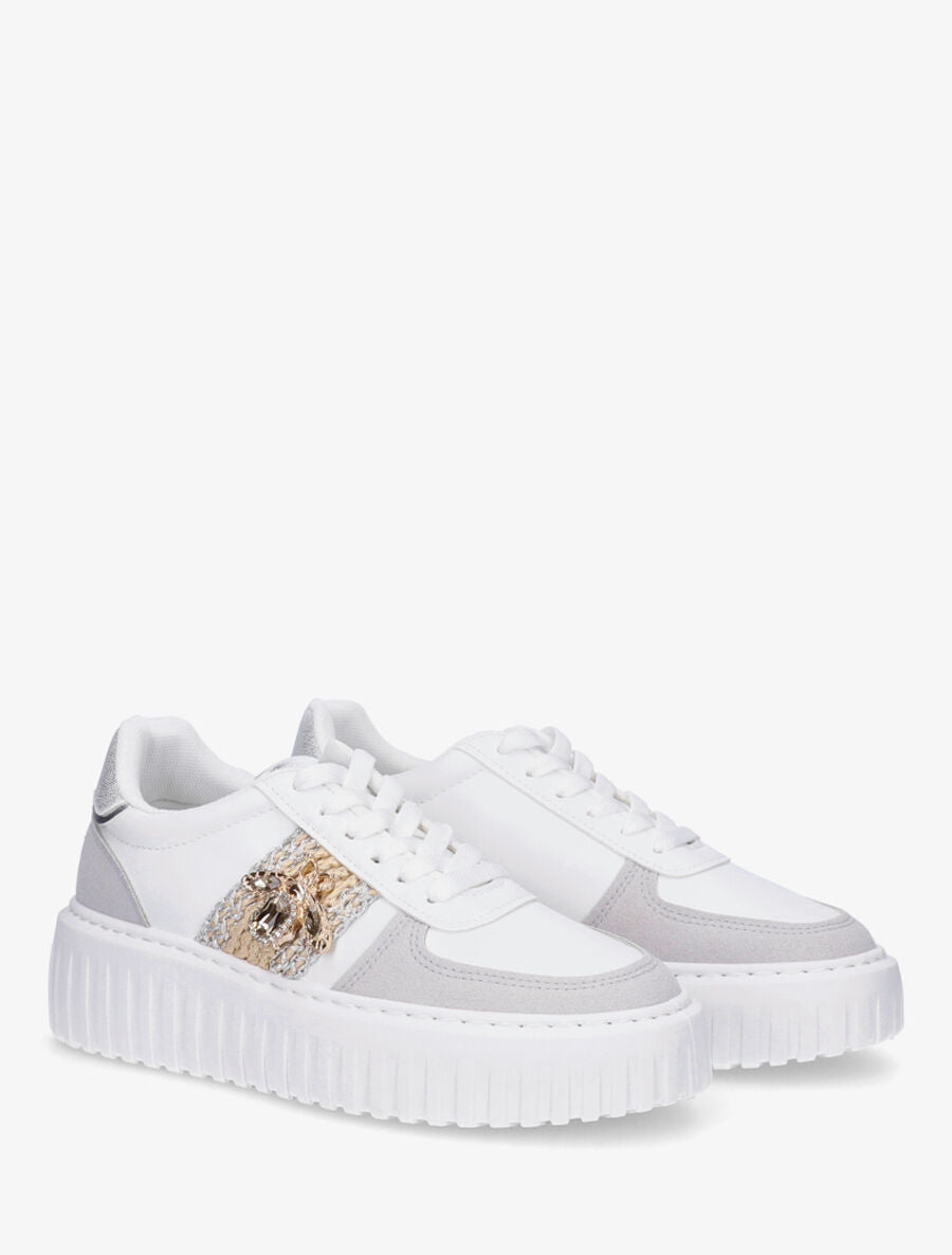 Sneakers en simili à empiècement bijou strassé - Blanc - 4