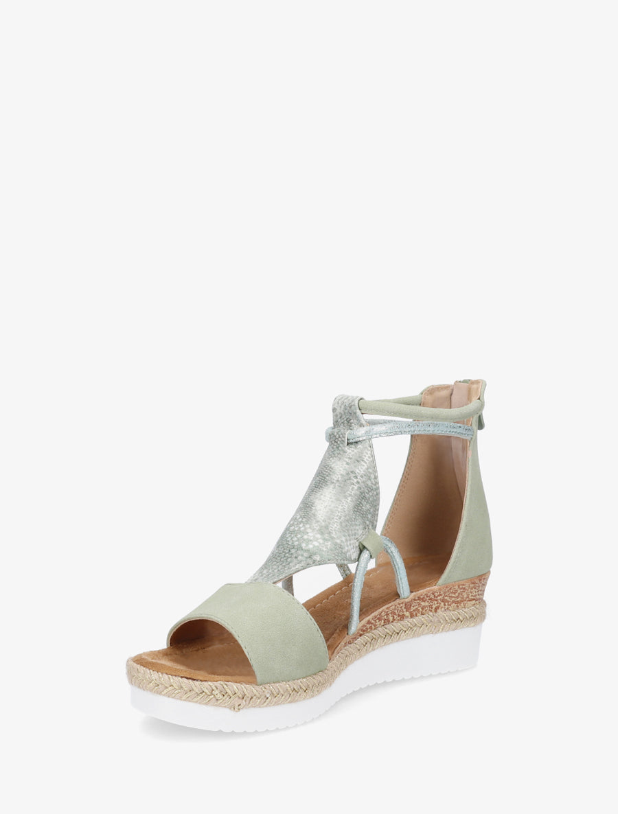 Sandalias de cuña con tira de estampado de pitón nacarado. - Verde agua