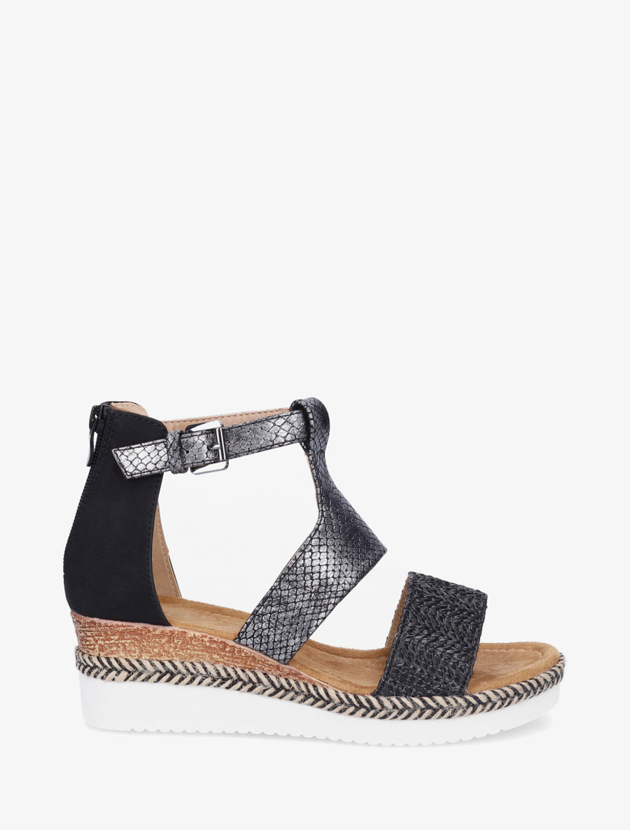 Sandalias con cuña texturizadas con detalle de pitón. - Negro