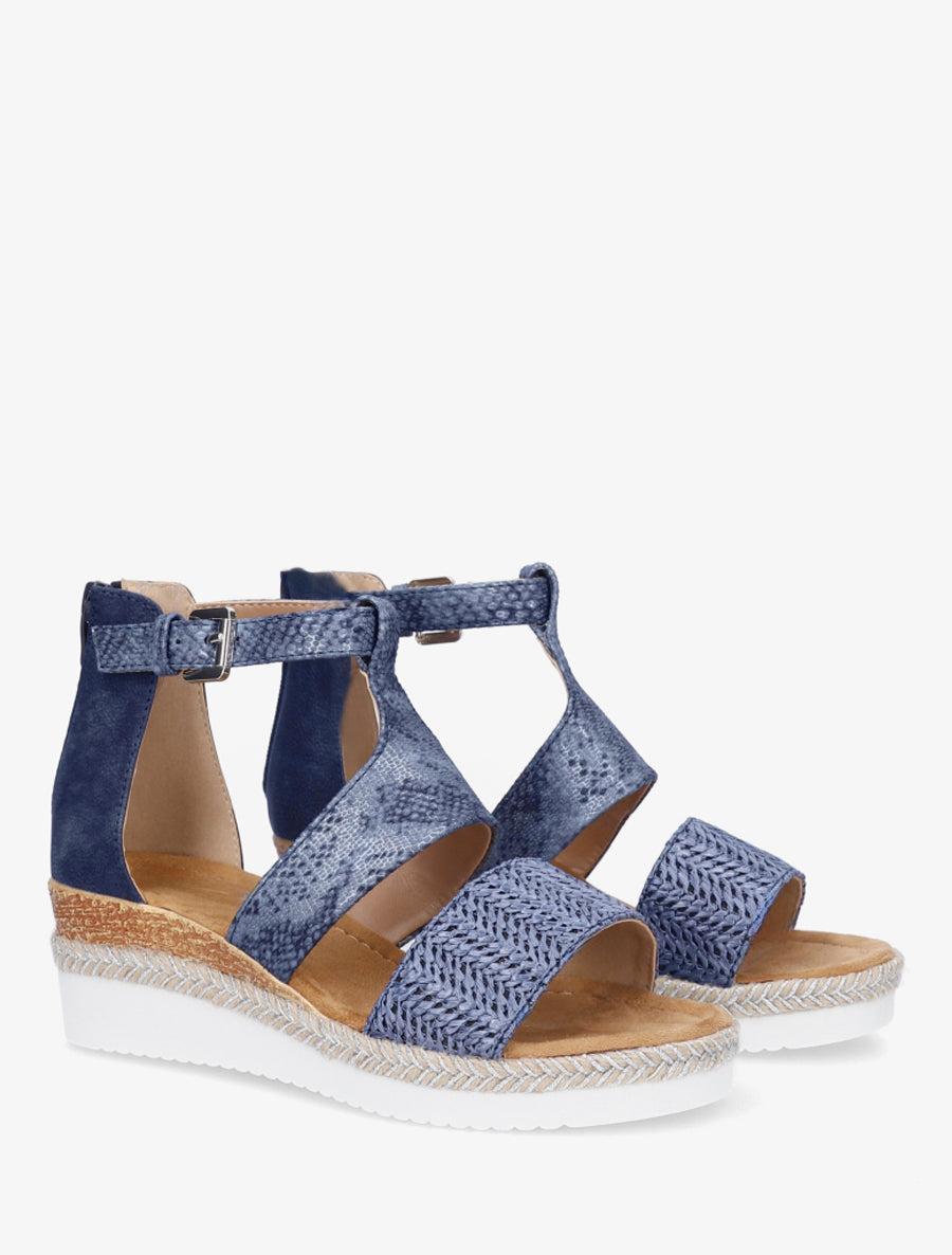Sandalias con cuña texturizadas con detalle de pitón. - Marine