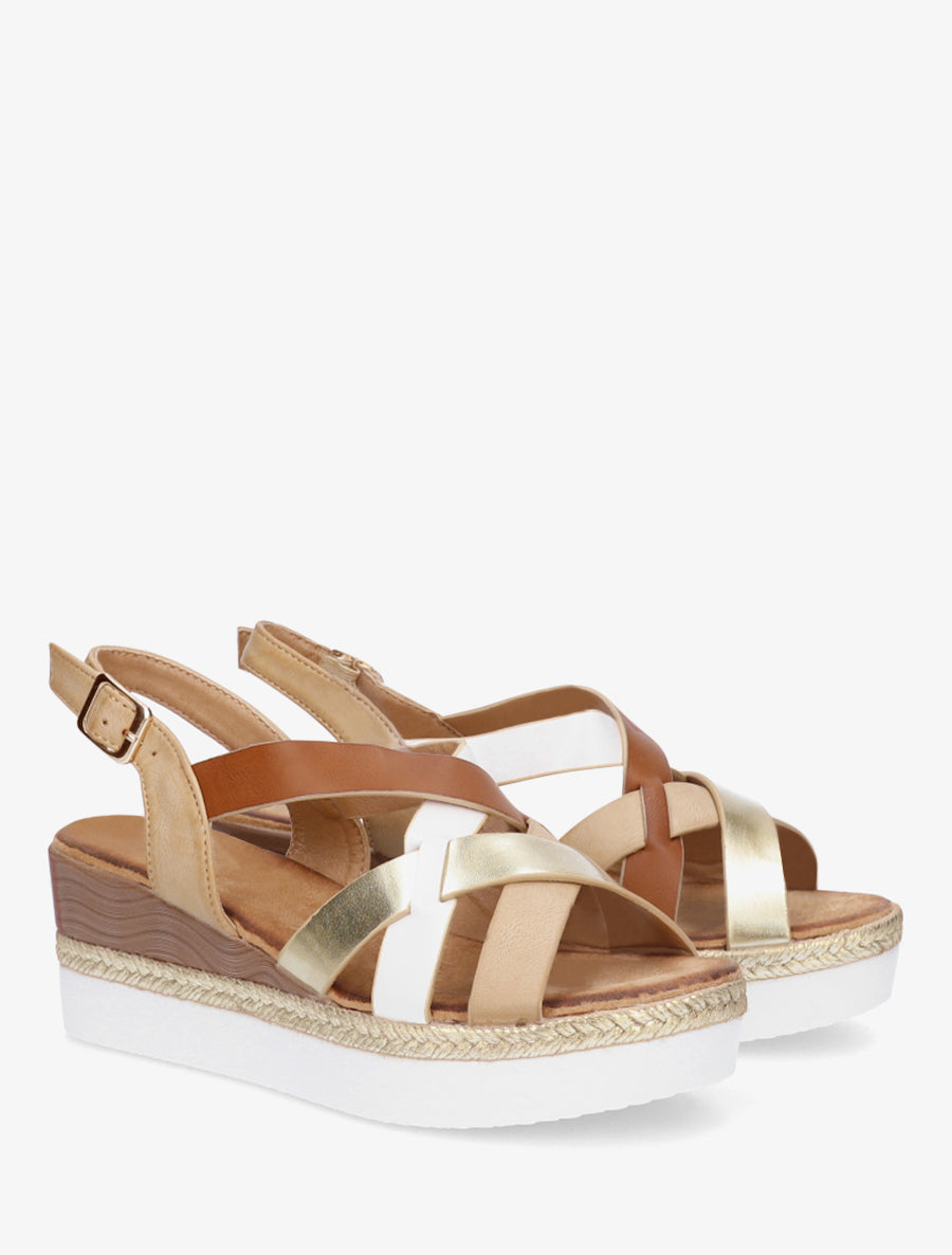 Sandalias de cuña con correas cruzadas - Camello