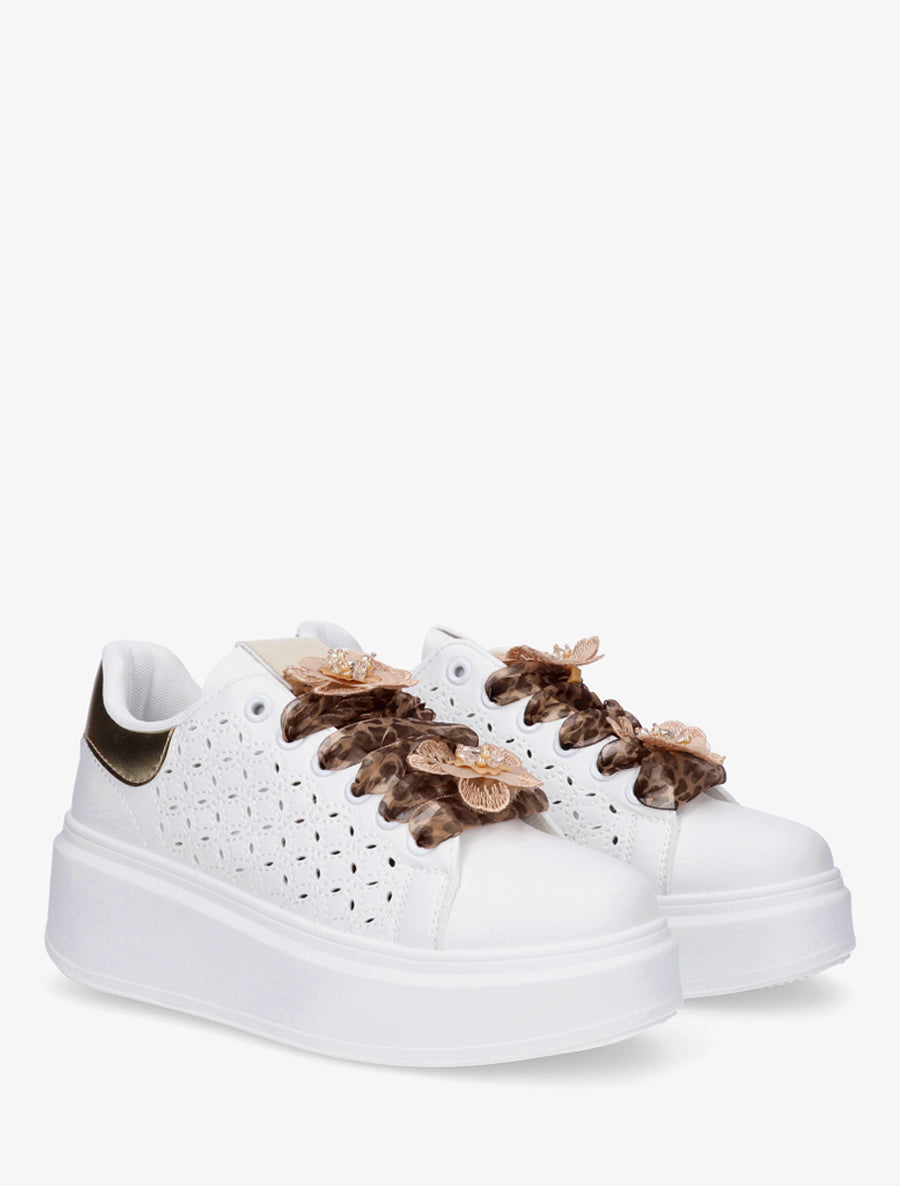 Sneakers à motif ajouré et contrefort nacré - Blanc - 4