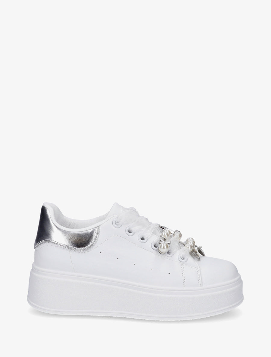 Sneakers à lacets en voile et empiècement bijoux - Argent - 1