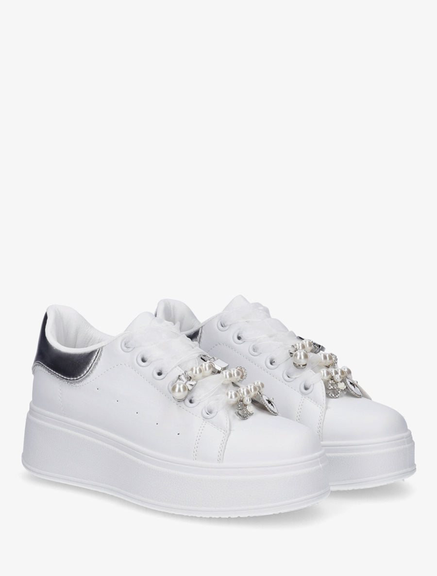 Sneakers à lacets en voile et empiècement bijoux - Argent - 4
