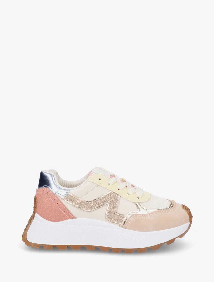 Sneakers en simili à détail irisé et contrefort contrastant - Beige - 1